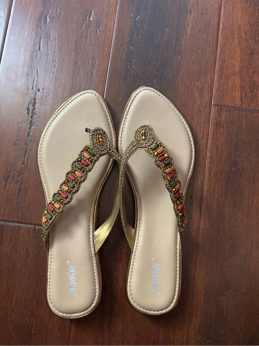 Beaded T-Strap Women's Sandals in Beige and Gold